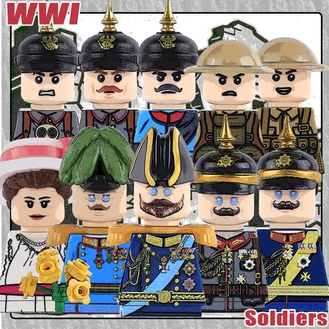 MOC WW1 German Prussian Soldiers Figures Building Blocks Army Helmets Prussia Officer Hat Weapons PPSH Gun Bricks Toys Kids Gift