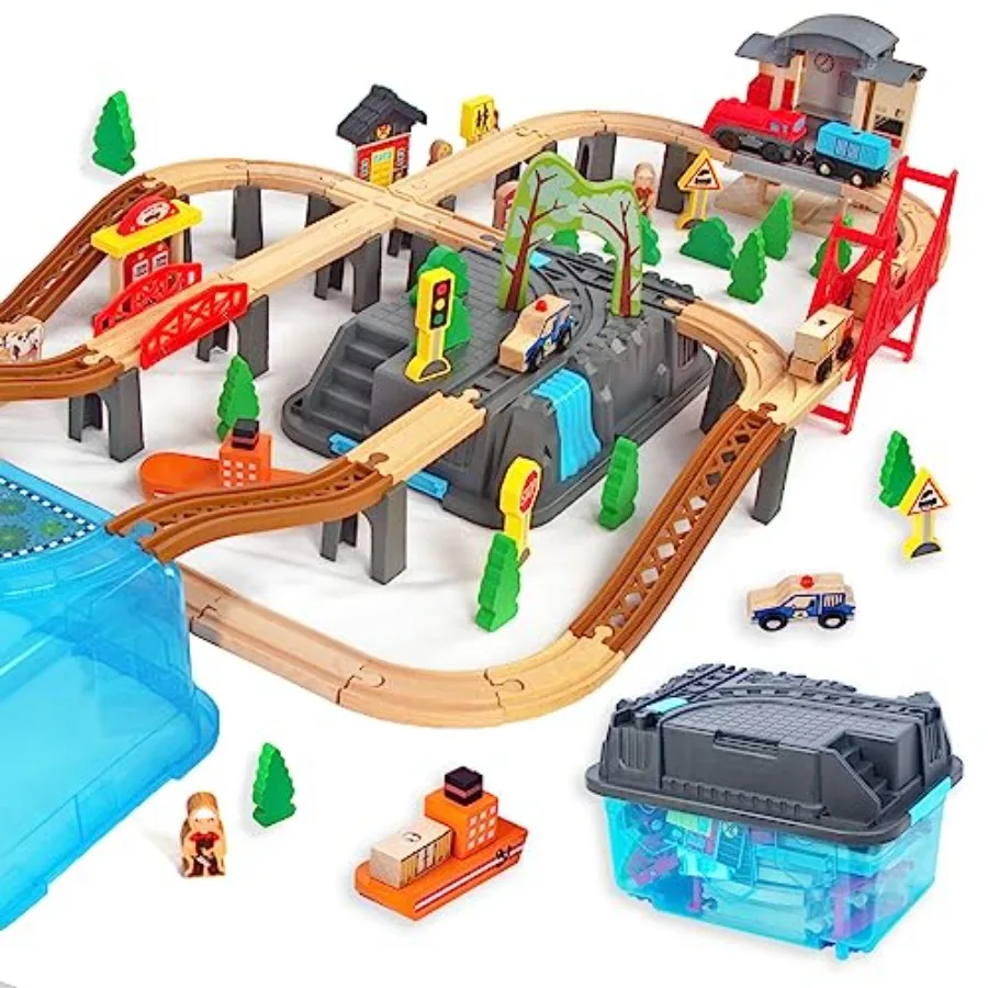Wooden train set for boys 3-7: 100pcs double-side tracks with bridge, station storage box; natural wood finish; durable, compat
Wooden train set for boys 3-7: 100pcs double-side tracks with bridge, station storage box; natural wood finish; durable, compat