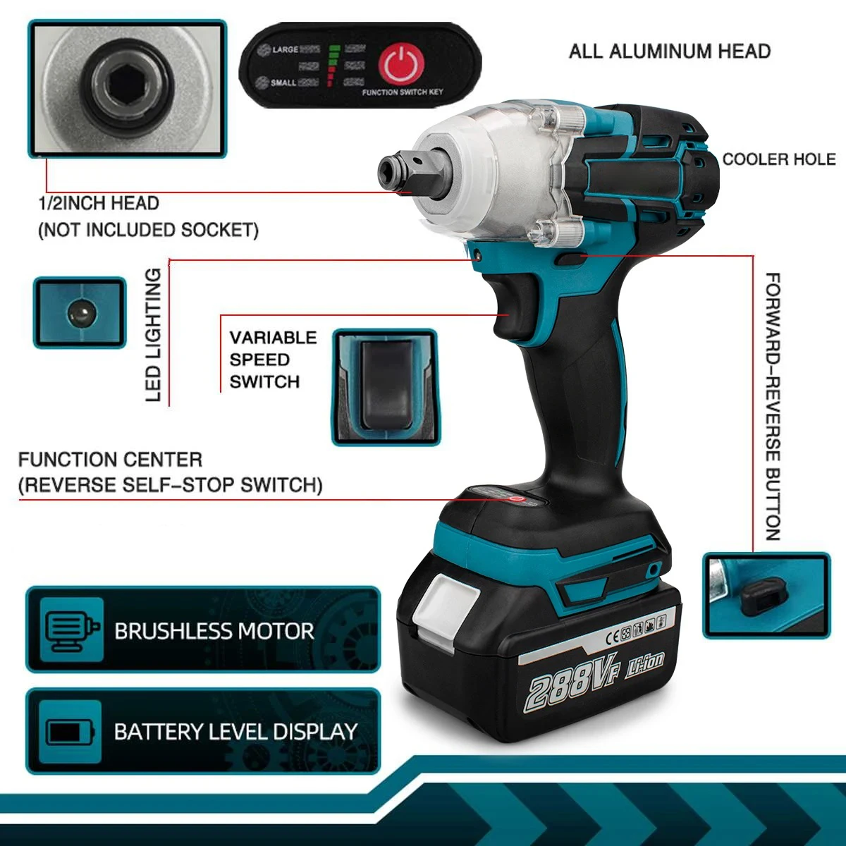 TW285 520N.m Cordless Electric Impact Wrench Brushless Electric Wrench Hand Drill Socket Power Tool For Makita 18V Battery pin
TW285 520N.m Cordless Electric Impact Wrench Brushless Electric Wrench Hand Drill Socket Power Tool For Makita 18V Battery pin