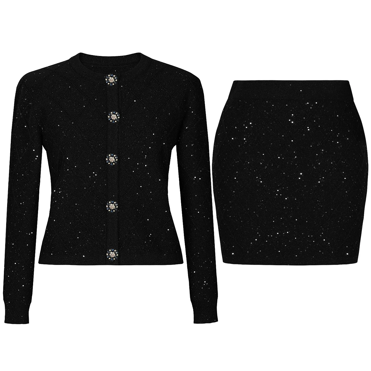 High Quality And Fashionable New Elastic Knitted Bright Silk Round Neck Diamond Button Cardigan Slim Fit Short Skirt Women's Set
High Quality And Fashionable New Elastic Knitted Bright Silk Round Neck Diamond Button Cardigan Slim Fit Short Skirt Women's Set