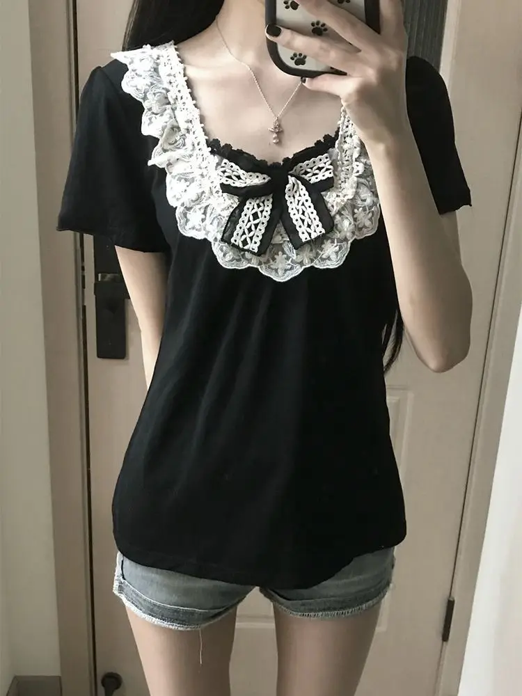 Vintage Casual Loose Short Sleeve T-Shirts Women's Summer Fashion Lace Patchwork Bow Tees Female Design Chic Black Retro Tops
Vintage Casual Loose Short Sleeve T-Shirts Women's Summer Fashion Lace Patchwork Bow Tees Female Design Chic Black Retro Tops