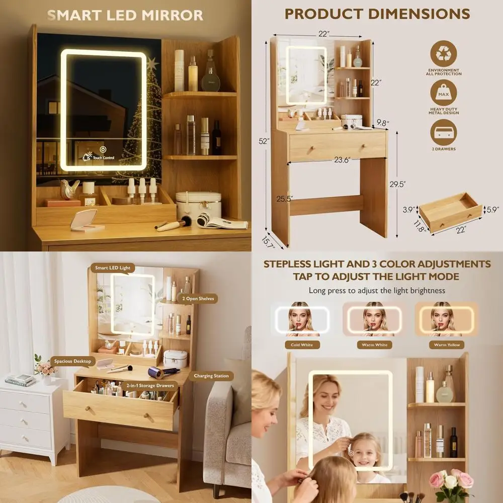 Vanity Desk with Mirror and LED Lights, ern Small Makeup Vanity Desk with Der, 3 Storage Shelves, 24 Inches Dring Table with Pow
Vanity Desk with Mirror and LED Lights, ern Small Makeup Vanity Desk with Der, 3 Storage Shelves, 24 Inches Dring Table with Pow