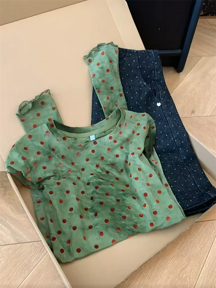 Mint Wave Green Polka Dot Long Sleeve T-Shirt Women Early Autumn New Style Whitening Age Reducing Mesh Top Self Preservation
Mint Wave Green Polka Dot Long Sleeve T-Shirt Women Early Autumn New Style Whitening Age Reducing Mesh Top Self Preservation