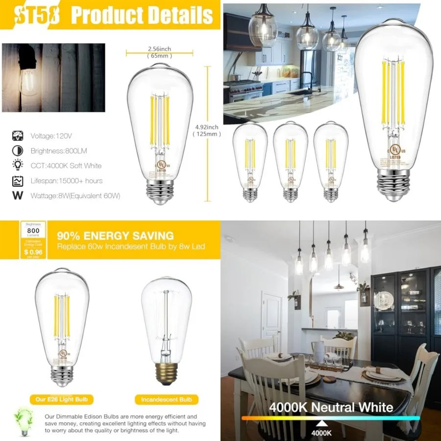 Vintage LED Edison Bulbs, E26 Led Bulb 60W Equivalent, Dimmable Led Light Bulbs, High Brightness 800 LM 4000K, ST58 Antique Fil
Vintage LED Edison Bulbs, E26 Led Bulb 60W Equivalent, Dimmable Led Light Bulbs, High Brightness 800 LM 4000K, ST58 Antique Fil