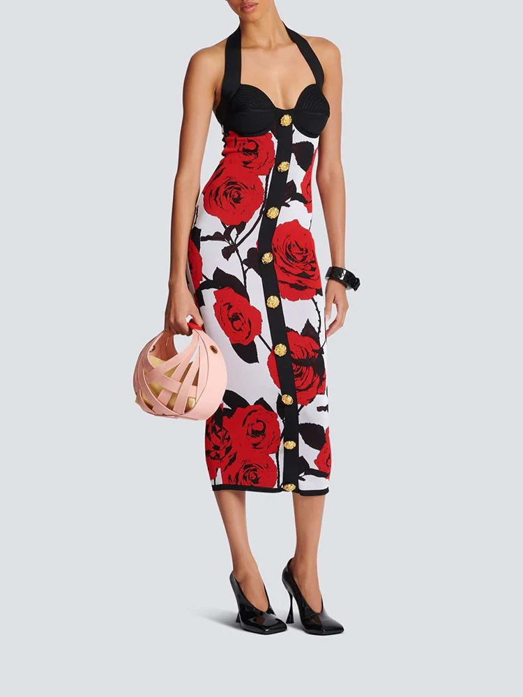 Rose Printed Knit Long Dresses Fashion Hanging Neck Backless Metal Petal Button Slim Women's Dress 2024 Autumn New
Rose Printed Knit Long Dresses Fashion Hanging Neck Backless Metal Petal Button Slim Women's Dress 2024 Autumn New