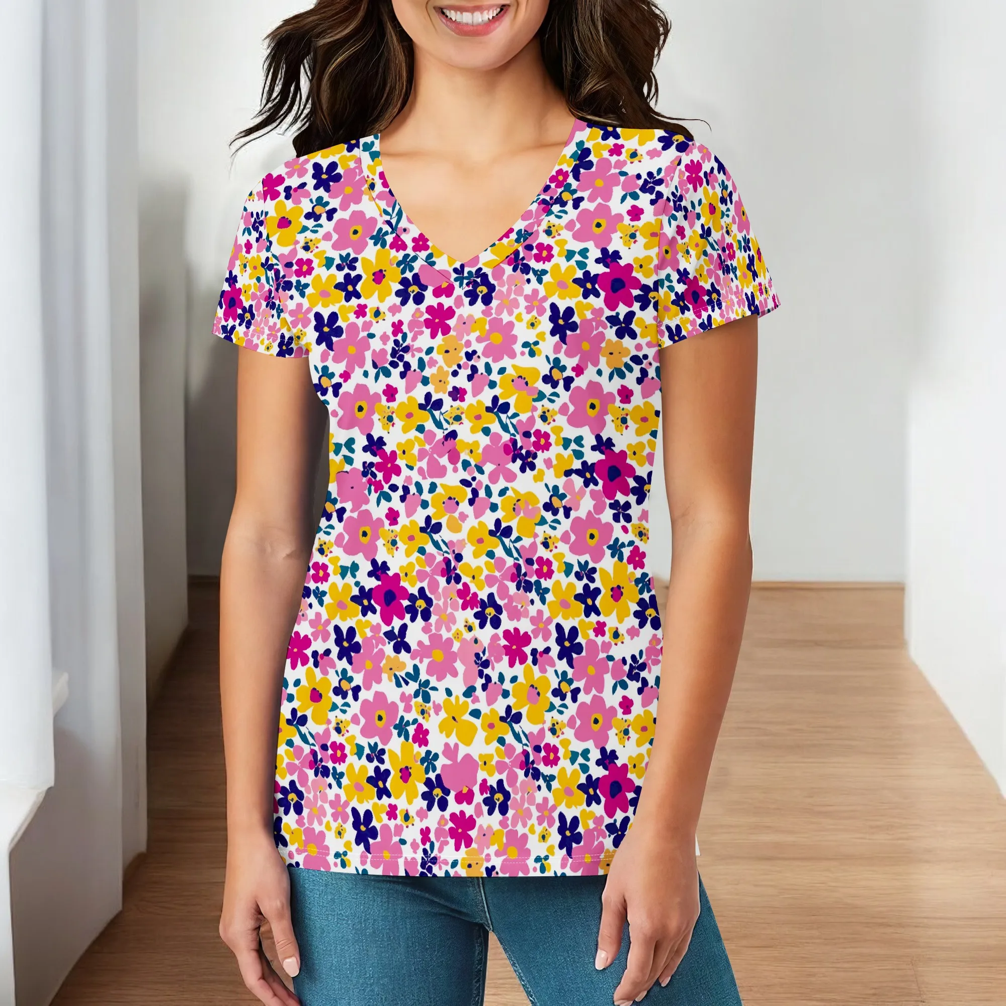 Ditsy Floral Pattern T-Shirts Short Sleeve V Neck Tees Tops for Women Fashion Trendy Soft Casual Summer Outfits Clothes Tees
Ditsy Floral Pattern T-Shirts Short Sleeve V Neck Tees Tops for Women Fashion Trendy Soft Casual Summer Outfits Clothes Tees