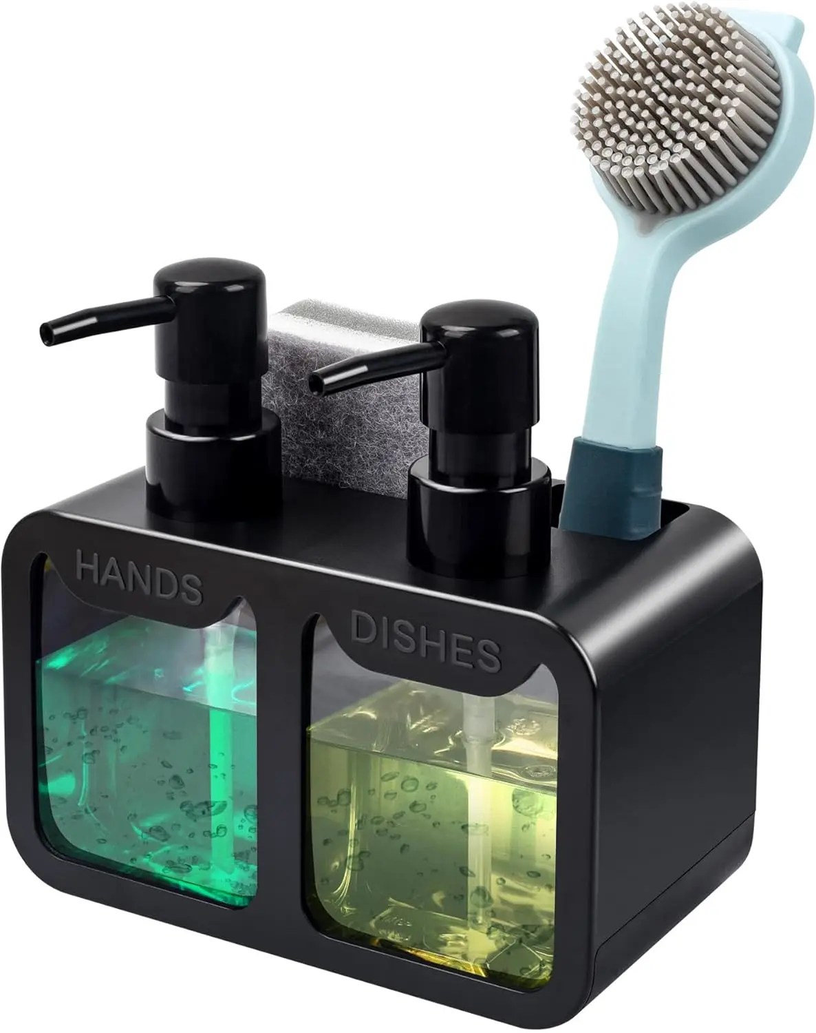 Dual Soap Dispenser with Sponge Caddy and Brush Holder, 4-in-1 Kitchen Sink Organizer, Black
Dual Soap Dispenser with Sponge Caddy and Brush Holder, 4-in-1 Kitchen Sink Organizer, Black