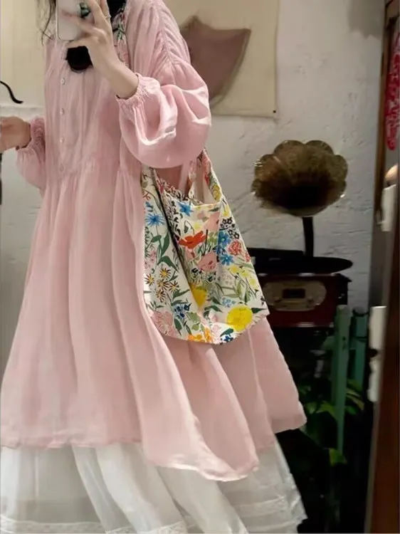 Pink Summer Shirt Women's Loose Fit Slimming Drapey Half Buttoned Forest System Sweet Style Long Sleeve round Neck Mid-Length
Pink Summer Shirt Women's Loose Fit Slimming Drapey Half Buttoned Forest System Sweet Style Long Sleeve round Neck Mid-Length