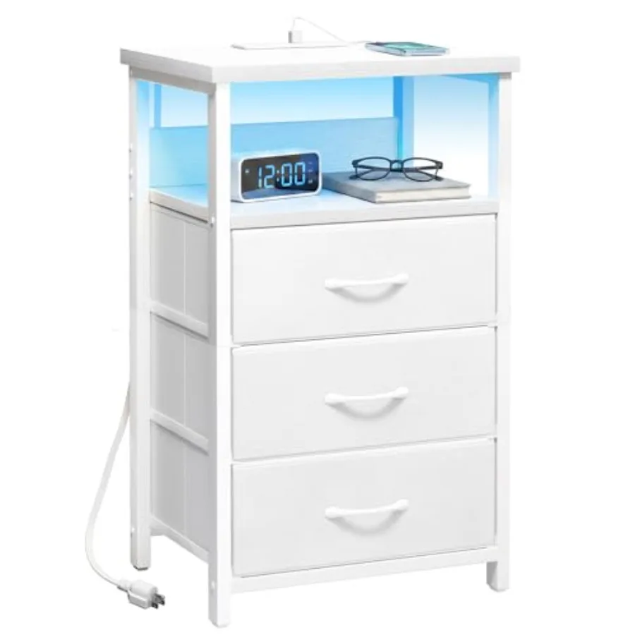 Nightstand with Charging Station, LED Night Stand with 3 Fabric Drawers and Open Shelf, Bedside End Table in Bedroom
Nightstand with Charging Station, LED Night Stand with 3 Fabric Drawers and Open Shelf, Bedside End Table in Bedroom