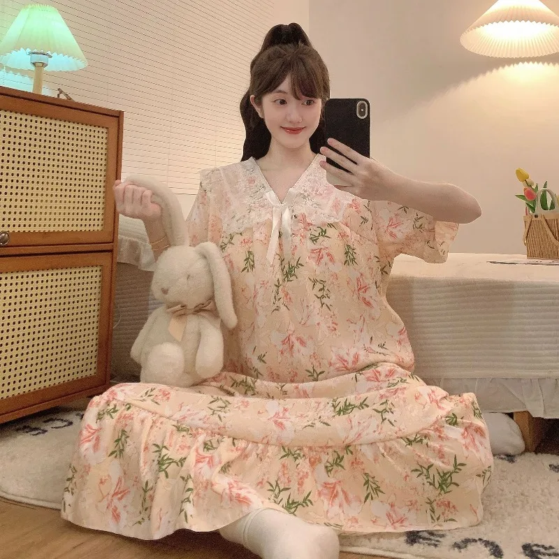 Plus Size Women Loose Nightgown with Chest Pads Korean Summer Short Sleeve Pajamas Princess Style Floral Lace Ruffle Loungewear
Plus Size Women Loose Nightgown with Chest Pads Korean Summer Short Sleeve Pajamas Princess Style Floral Lace Ruffle Loungewear