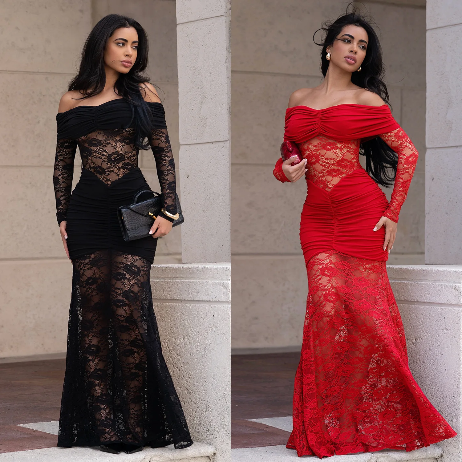 C7620 European and American fashion women's clothing sexy one-word shoulder lace hip dress
C7620 European and American fashion women's clothing sexy one-word shoulder lace hip dress