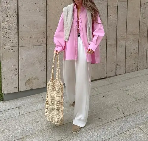 Korean Popular Clothes 2025 Women's Versatile Lapel Shirt Rope Tie Design Long Sleeved Cross Tie Pink Shirt Loose Casual Shirt
Korean Popular Clothes 2025 Women's Versatile Lapel Shirt Rope Tie Design Long Sleeved Cross Tie Pink Shirt Loose Casual Shirt