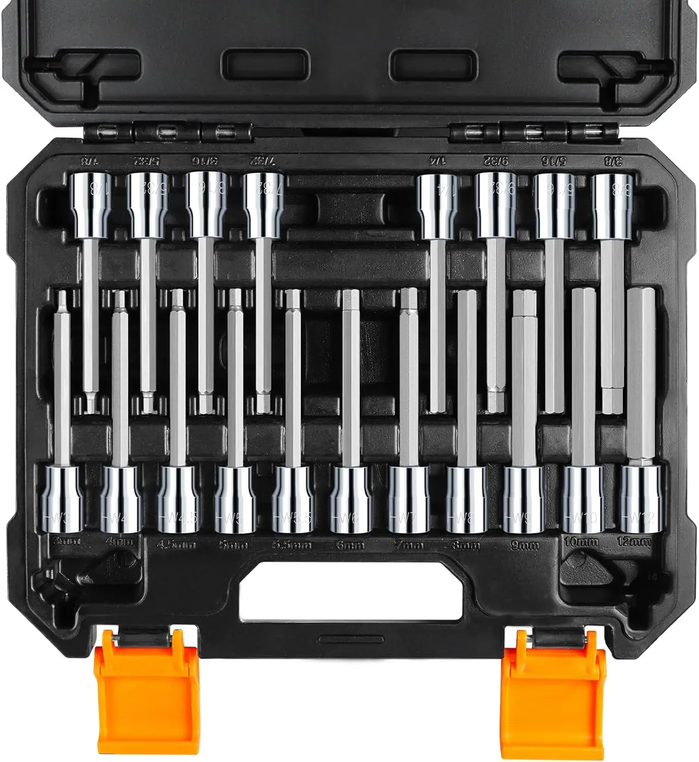 19-Piece 3/8' Drive Extra Long Allen Bit Set, SAE & Metric, CR-V & S2 Steel
19-Piece 3/8' Drive Extra Long Allen Bit Set, SAE & Metric, CR-V & S2 Steel