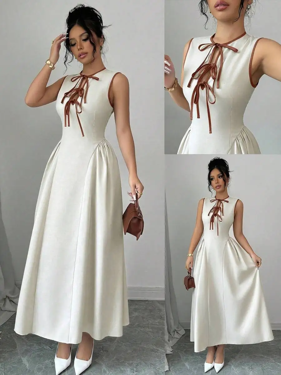 Women Sleeveless Dress With Hollow Neck Tie-Up Design Ruched Waist Textured Fabric Elegant Daily Wear
Women Sleeveless Dress With Hollow Neck Tie-Up Design Ruched Waist Textured Fabric Elegant Daily Wear
