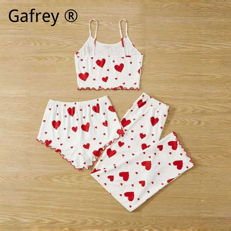 Women 3 Piece Ribbed Pajama Set Sweet Heart Print Camisole Shorts Long Pants Summer Lounge Wear Cute Sleep Suit AC Room New
Women 3 Piece Ribbed Pajama Set Sweet Heart Print Camisole Shorts Long Pants Summer Lounge Wear Cute Sleep Suit AC Room New