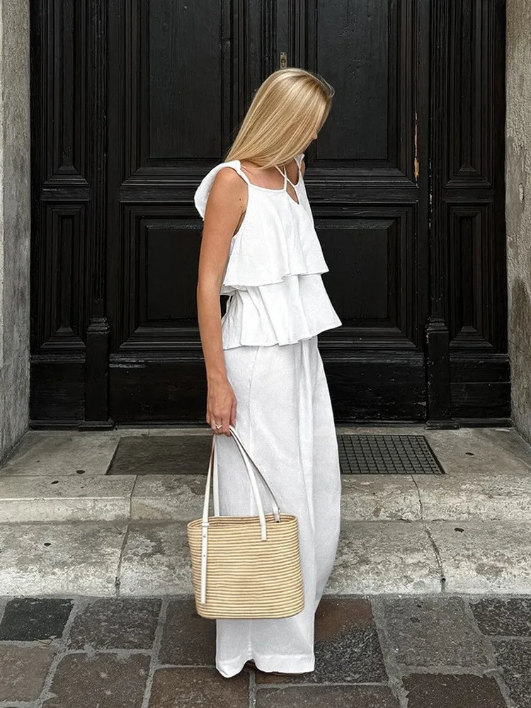 White Cotton Linen Set Women's Summer Fly Sleeve Wide Leg Pants Fashionable Suit High Waist Belt Design Pure Color Spring Wear
White Cotton Linen Set Women's Summer Fly Sleeve Wide Leg Pants Fashionable Suit High Waist Belt Design Pure Color Spring Wear