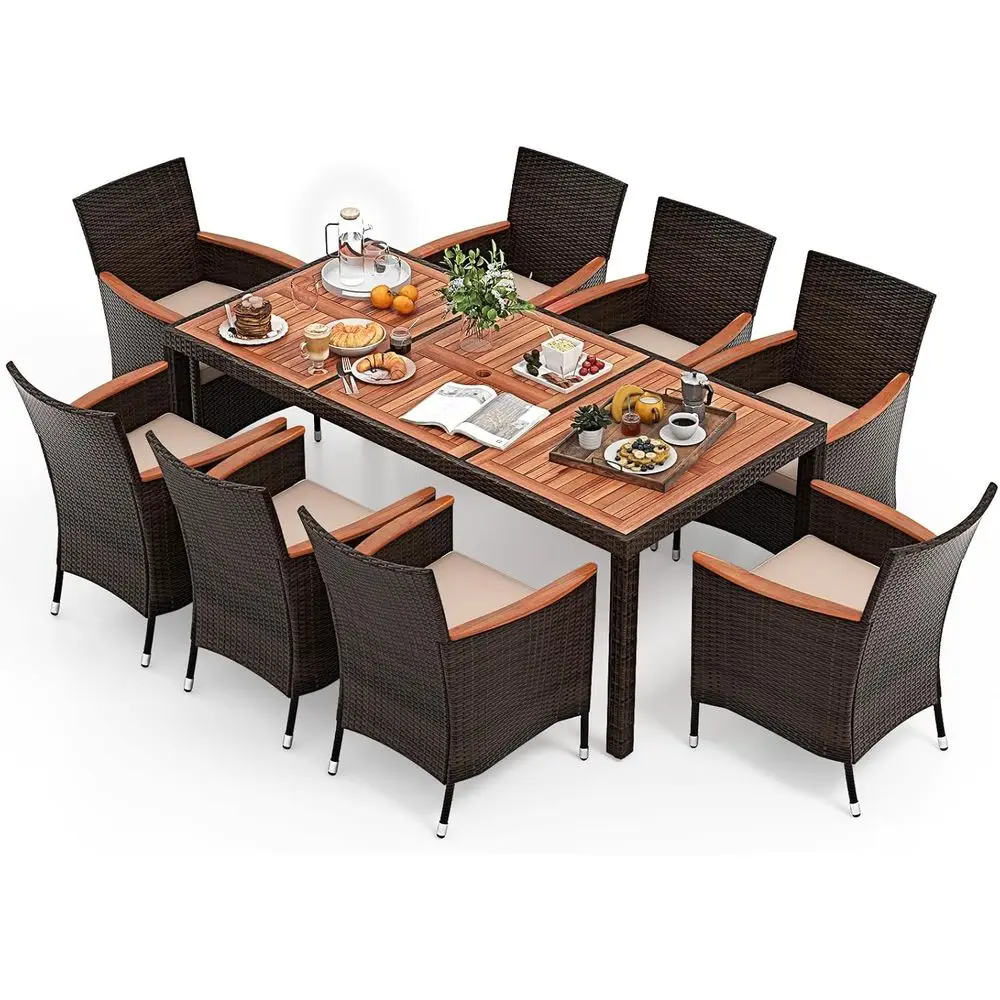 9-Piece Outdoor Wicker Dining Set with Acacia Wood Top and Cushions for Patio, Garden, or Poolside
9-Piece Outdoor Wicker Dining Set with Acacia Wood Top and Cushions for Patio, Garden, or Poolside