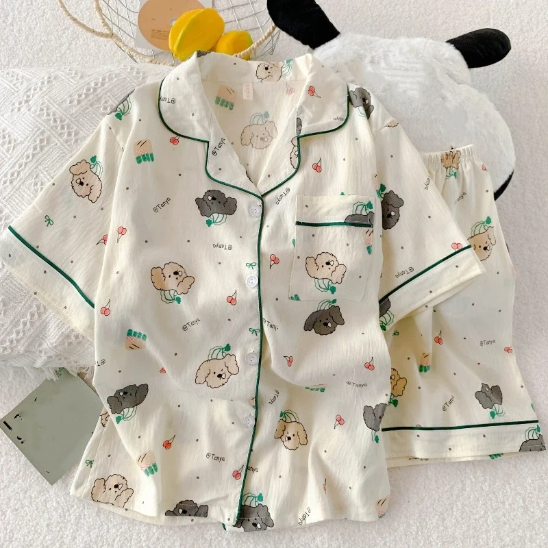 Y2K Sweet Cute Letter Dog Print Pajamas for Women Lapel Neck Button Design Sleepwear Woman Fashion New Summer 2026 Pajamas Set
Y2K Sweet Cute Letter Dog Print Pajamas for Women Lapel Neck Button Design Sleepwear Woman Fashion New Summer 2026 Pajamas Set