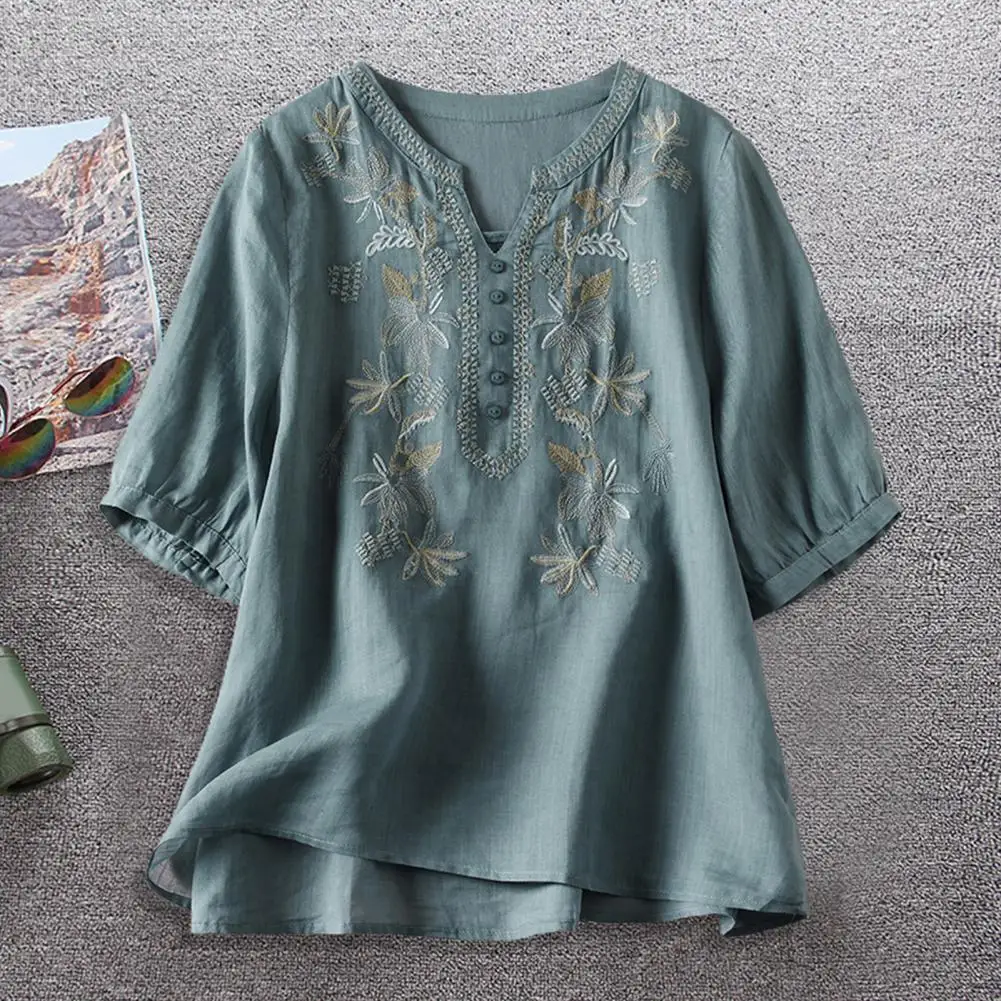 Women Retro Embroidered Flower Trim Blouse Half Sleeve Loose Fit V-neck Buttons Decor Thin Shirt Tops shirts and blouses
Women Retro Embroidered Flower Trim Blouse Half Sleeve Loose Fit V-neck Buttons Decor Thin Shirt Tops shirts and blouses