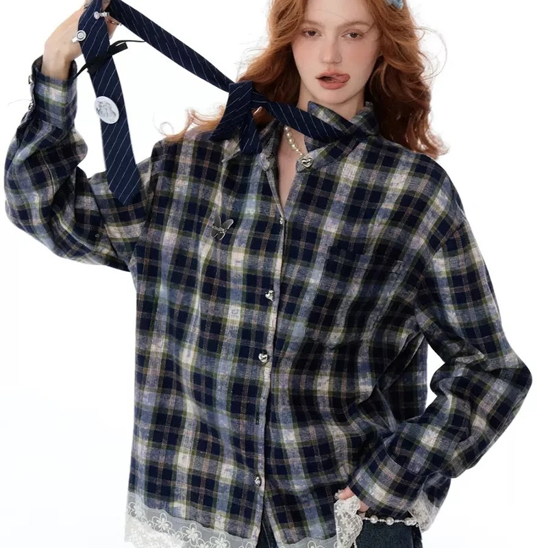 MEXZT Vintage Plaid Shirts Women Harajuku Aesthetic Lace Patchwork Blouses Korean Long Sleeve Single Breasted Casual Design Tops
MEXZT Vintage Plaid Shirts Women Harajuku Aesthetic Lace Patchwork Blouses Korean Long Sleeve Single Breasted Casual Design Tops