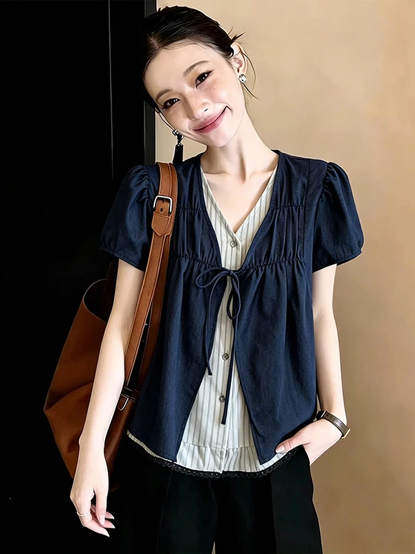 plus Size Contrast Color V-Neck Denim Patchwork Shirt Women's Summer New Style Slimming Versatile Top Korean Commute Style
plus Size Contrast Color V-Neck Denim Patchwork Shirt Women's Summer New Style Slimming Versatile Top Korean Commute Style