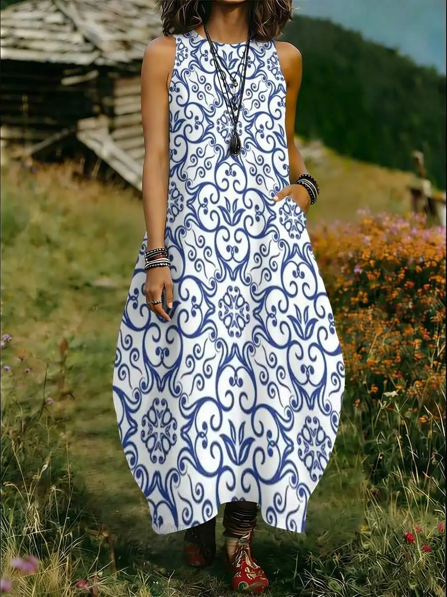 Women Sleeveless Round Neck Blue White Floral Scroll Print Maxi Dress Casual Loose Light Airy
Women Sleeveless Round Neck Blue White Floral Scroll Print Maxi Dress Casual Loose Light Airy