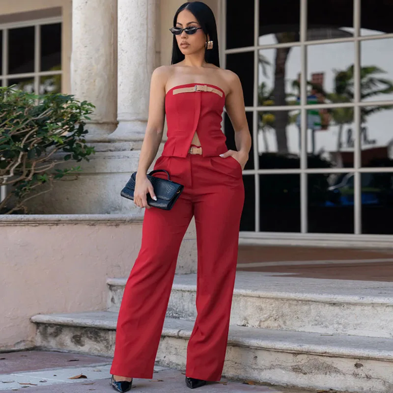 Elegant Fashion Ladies Two Pieces Outfits Woman Formal Button Patchwork Strapless Top and Wide Leg Pants New in Matching Sets
Elegant Fashion Ladies Two Pieces Outfits Woman Formal Button Patchwork Strapless Top and Wide Leg Pants New in Matching Sets