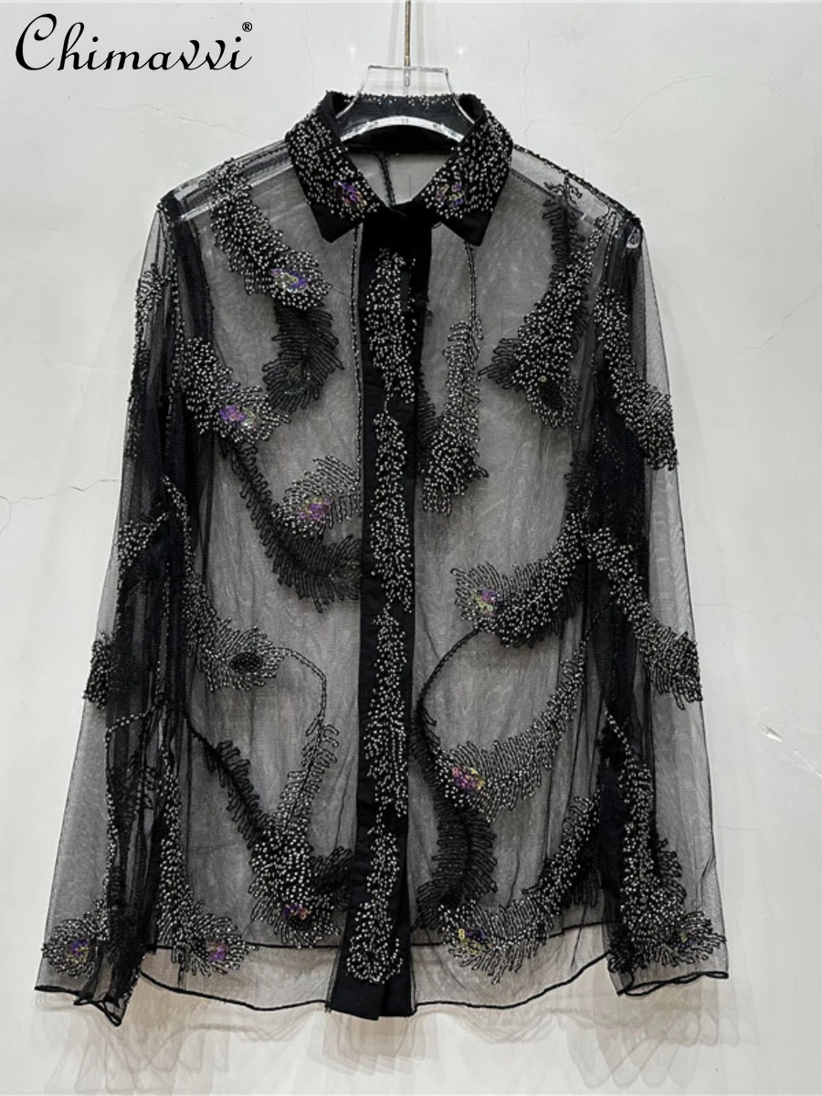 2024 Spring Summer New Fashion Beaded Phoenix Tail Perspective Sexy Fashion Long-Sleeved Shirt Women's Loose Hot Girl Blouse Top
2024 Spring Summer New Fashion Beaded Phoenix Tail Perspective Sexy Fashion Long-Sleeved Shirt Women's Loose Hot Girl Blouse Top