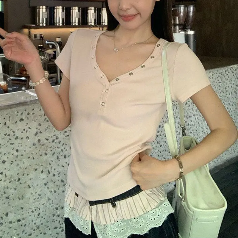 Korean Pink V-Neck Button Short Sleeve Short T-shirts Women's Clothing Solid Color Summer Half Open Collar Slim Aura Pullovers
Korean Pink V-Neck Button Short Sleeve Short T-shirts Women's Clothing Solid Color Summer Half Open Collar Slim Aura Pullovers