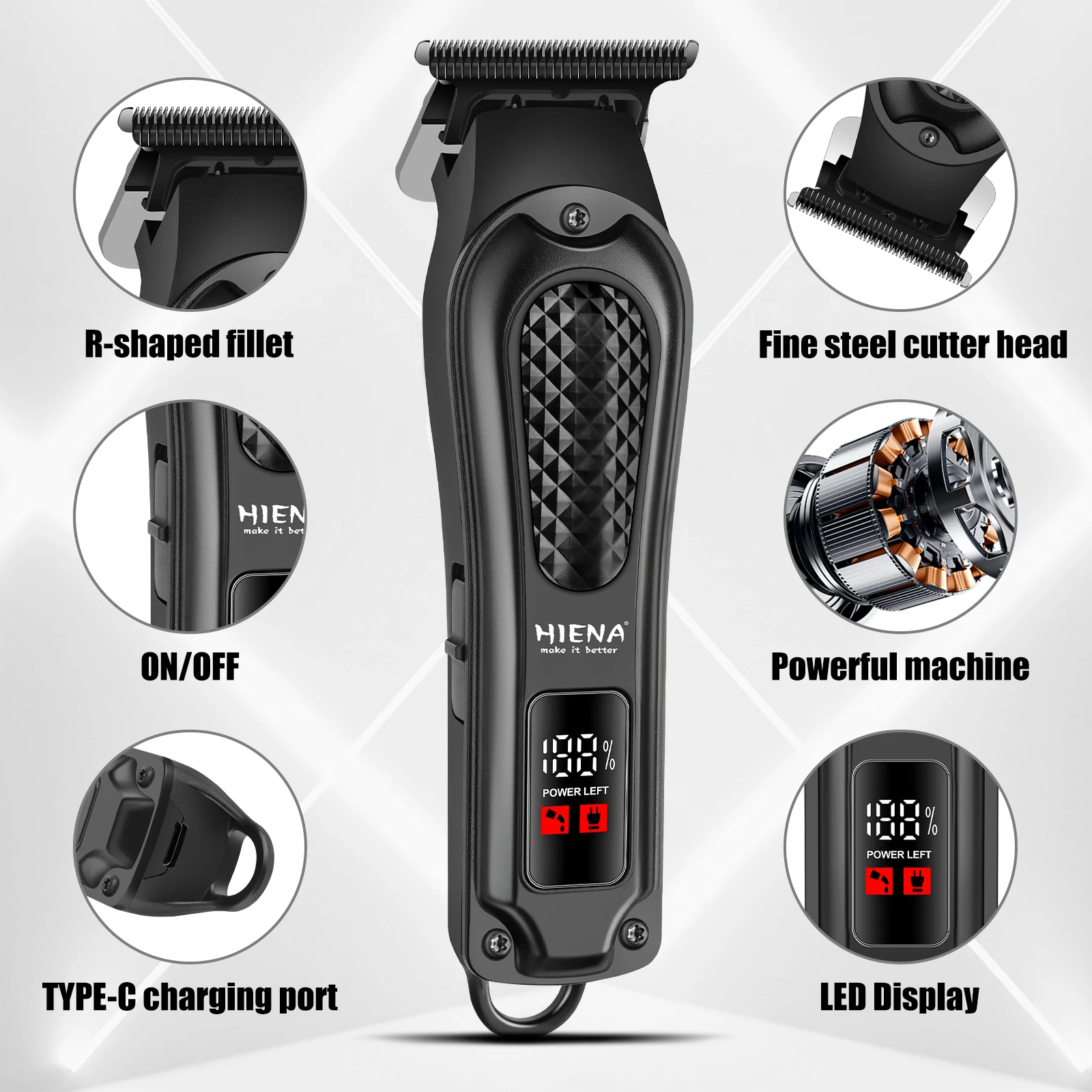 HIENA Cordless Hair Trimmer for Men LED Display Barber Clipper Type-C Rechargeable Fine Steel Blade
HIENA Cordless Hair Trimmer for Men LED Display Barber Clipper Type-C Rechargeable Fine Steel Blade