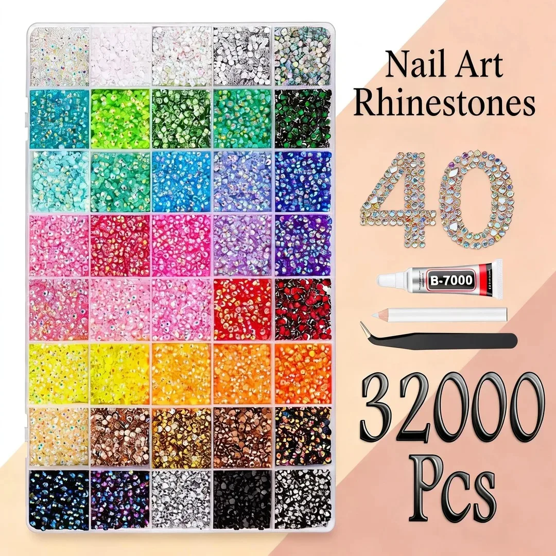 40 Grid 32000 Pcs/Box Round Resin Flat Bottom Color Glitter Rhinestones Kit DIY 3D Nail Art Decoration Gems Accessories
40 Grid 32000 Pcs/Box Round Resin Flat Bottom Color Glitter Rhinestones Kit DIY 3D Nail Art Decoration Gems Accessories