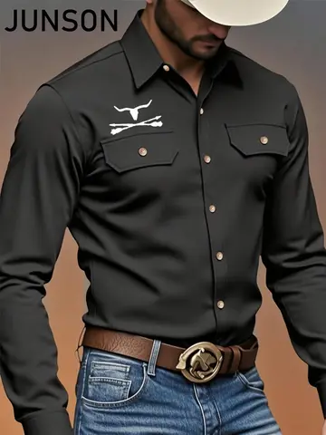 Men's Spring and Autumn Long-sleeved Lapel Double Pocket Shirt, Single-breasted Western Denim Style Printed Shirt, Black Cow Hea
