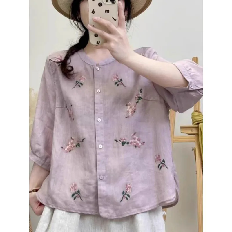 Women New Chinese Linen Cotton Short Sleeve Shirt, Spring Summer Embroidery Dopamine Casual Tops
Women New Chinese Linen Cotton Short Sleeve Shirt, Spring Summer Embroidery Dopamine Casual Tops