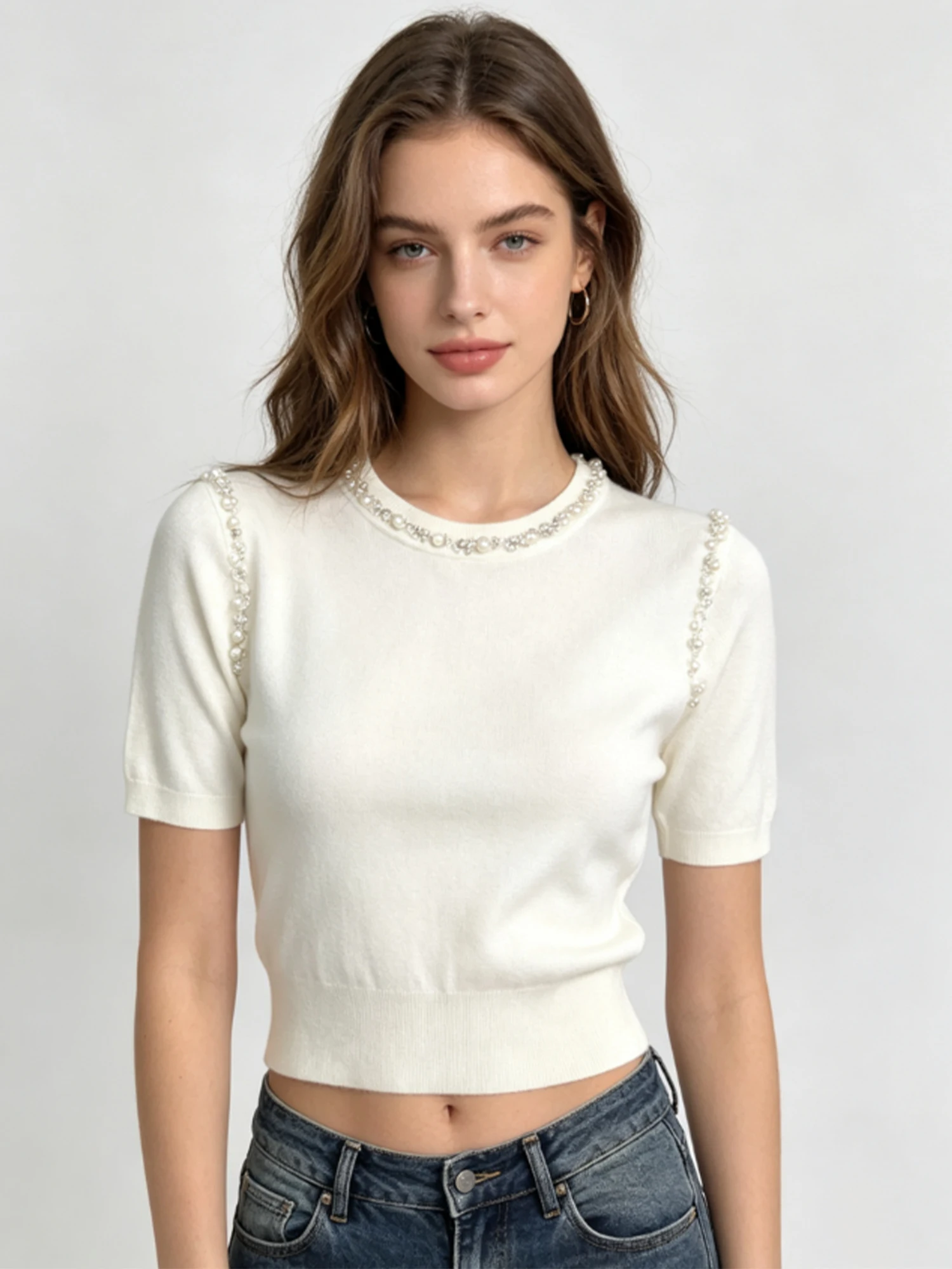 Women's White Crew Neck Short Sleeve T-shirt Y2K Gyaru Knitwear T-shirt Retro Loose Korean Style Knit Tee Top for Women Summer
Women's White Crew Neck Short Sleeve T-shirt Y2K Gyaru Knitwear T-shirt Retro Loose Korean Style Knit Tee Top for Women Summer