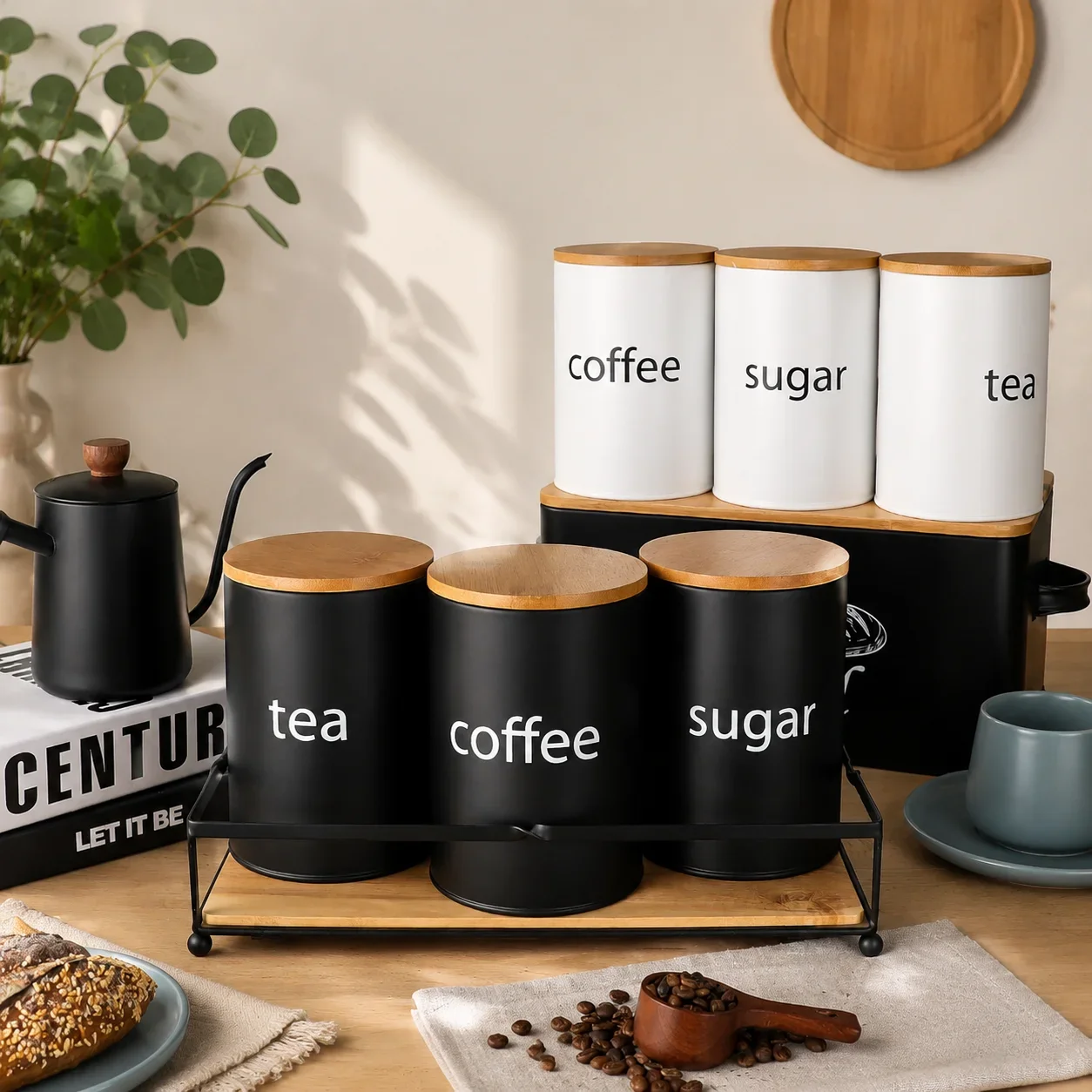 Black and white metal jar set with natural bamboo lids; versatile storage jars, ideal for kitchen and home organization
Black and white metal jar set with natural bamboo lids; versatile storage jars, ideal for kitchen and home organization