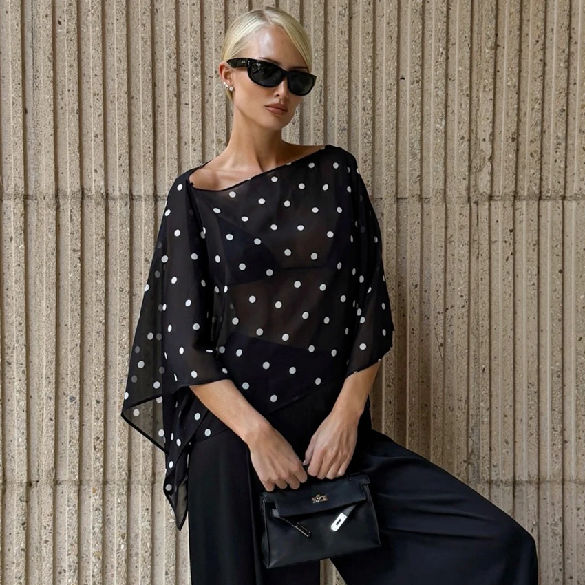 Женская блузка Linad Street Chic с рукавами «летучая мышь» в горошек, винтажный шифоновый пуловер, модные прозрачные рубашки для женщин, весна 2026
Женская блузка Linad Street Chic с рукавами «летучая мышь» в горошек, винтажный шифоновый пуловер, модные прозрачные рубашки для женщин, весна 2026