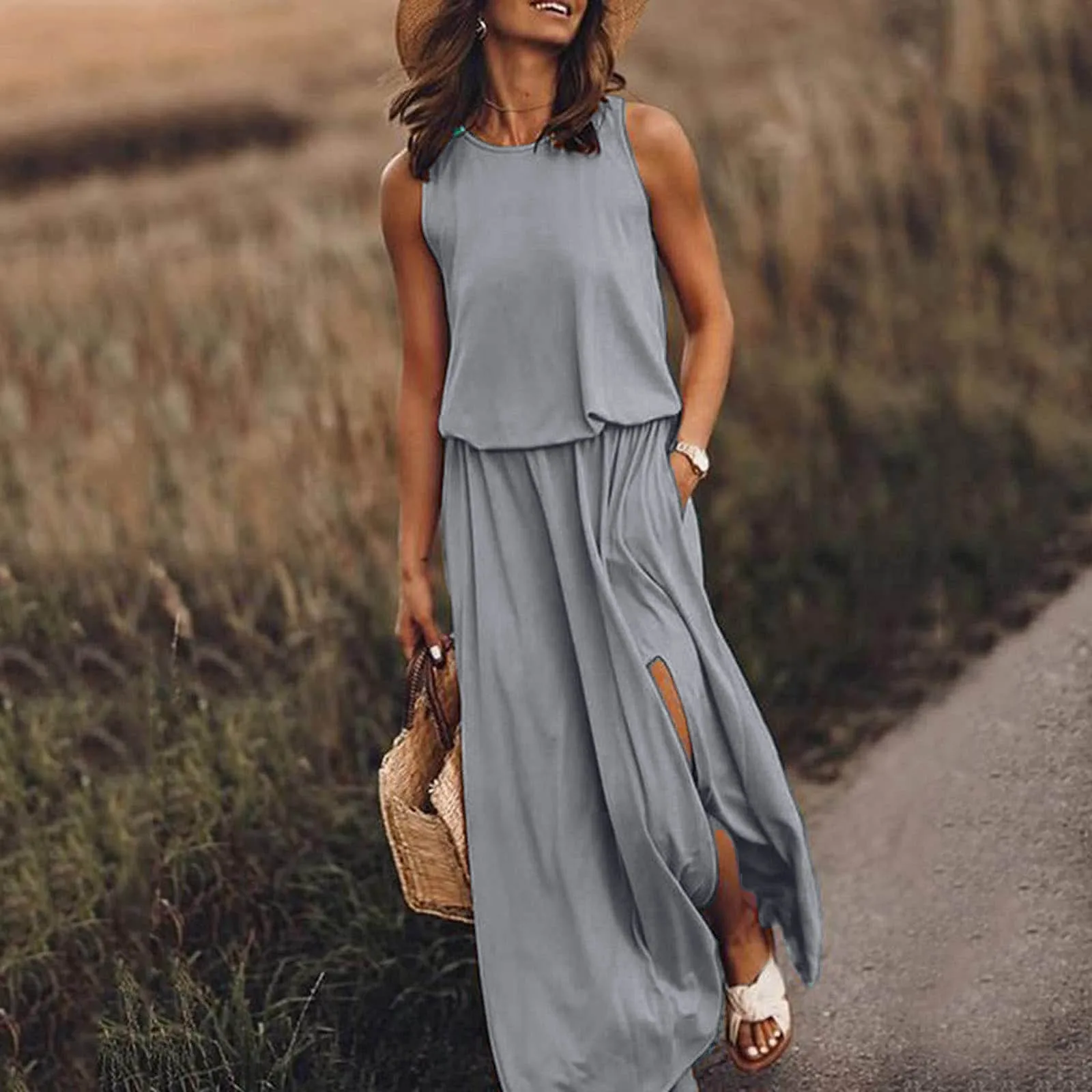 Sleeveless Round Neck Summer Dress For Women Loose Maxi Dresses Solid Color Fork Opening Temperament Pocket Summer Dresses
Sleeveless Round Neck Summer Dress For Women Loose Maxi Dresses Solid Color Fork Opening Temperament Pocket Summer Dresses