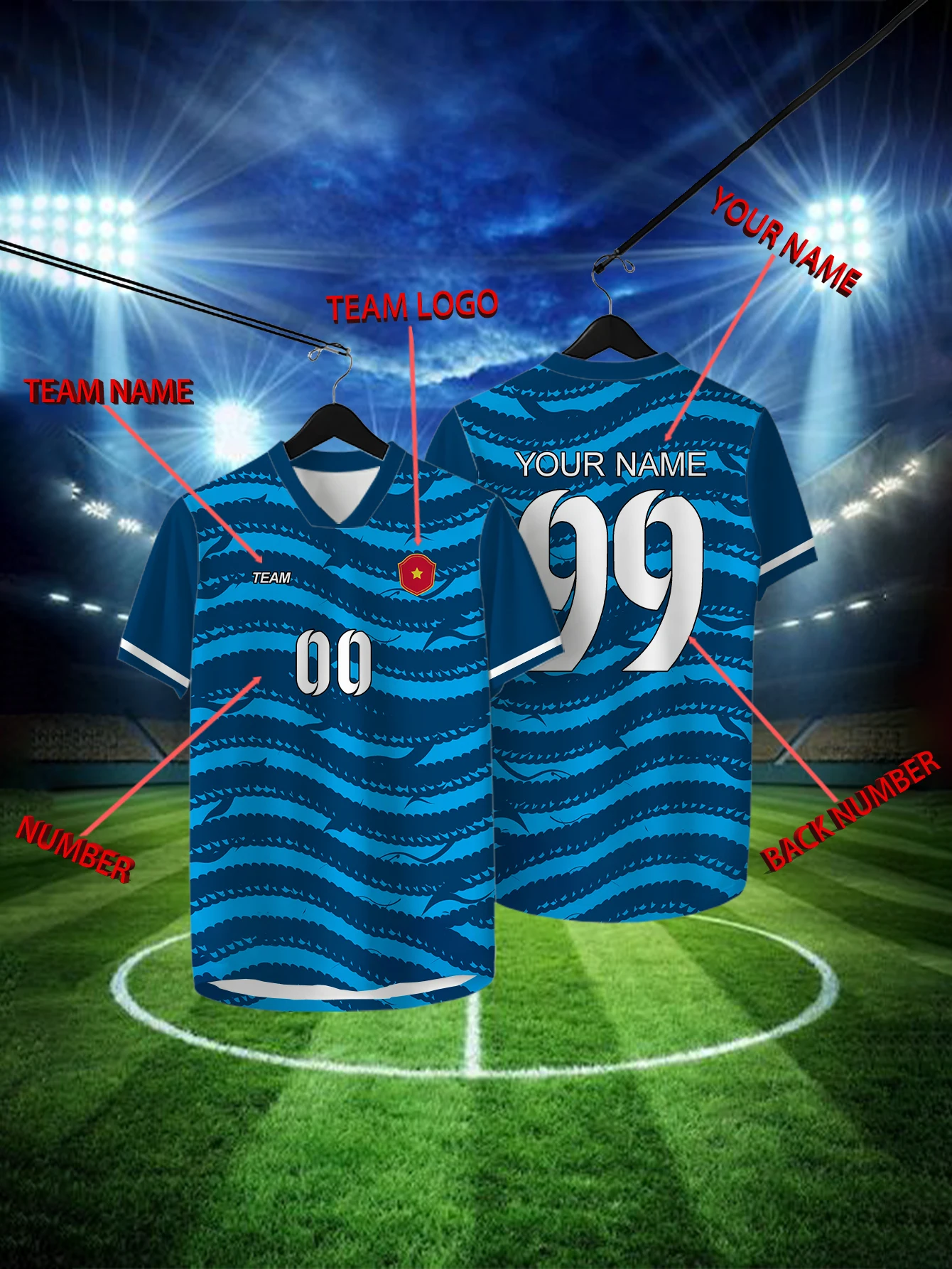 Customized Geometric Blue Short Sleeved Shirt with Team Name, Emblem, Name and Number, Outdoor Sports Short Sleeved T-shirt 
Customized Geometric Blue Short Sleeved Shirt with Team Name, Emblem, Name and Number, Outdoor Sports Short Sleeved T-shirt