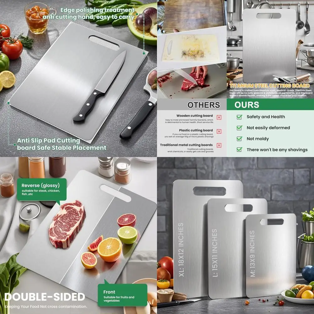 Набор титановых разделочных досок — 3 размера, чистый титан, гигиенические и прочные, двусторонние для мяса, фруктов, овощей, легко чистится
Набор титановых разделочных досок — 3 размера, чистый титан, гигиенические и прочные, двусторонние для мяса, фруктов, овощей, легко чистится