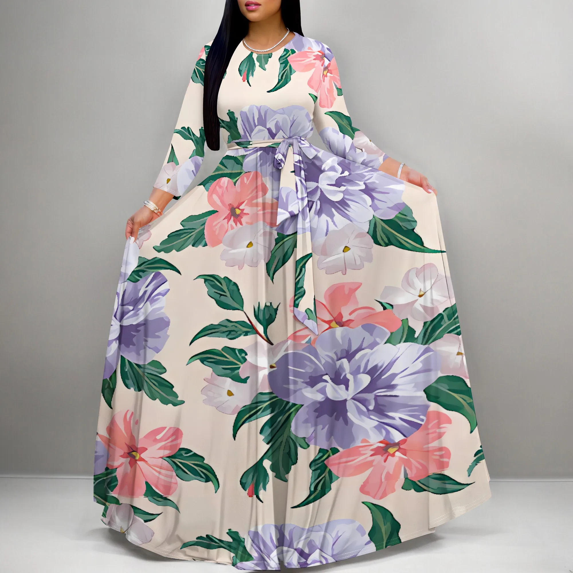 White and Purple Floral Long Sleeve Maxi Dress for Women Elegant Beach Vacation Outfit
White and Purple Floral Long Sleeve Maxi Dress for Women Elegant Beach Vacation Outfit