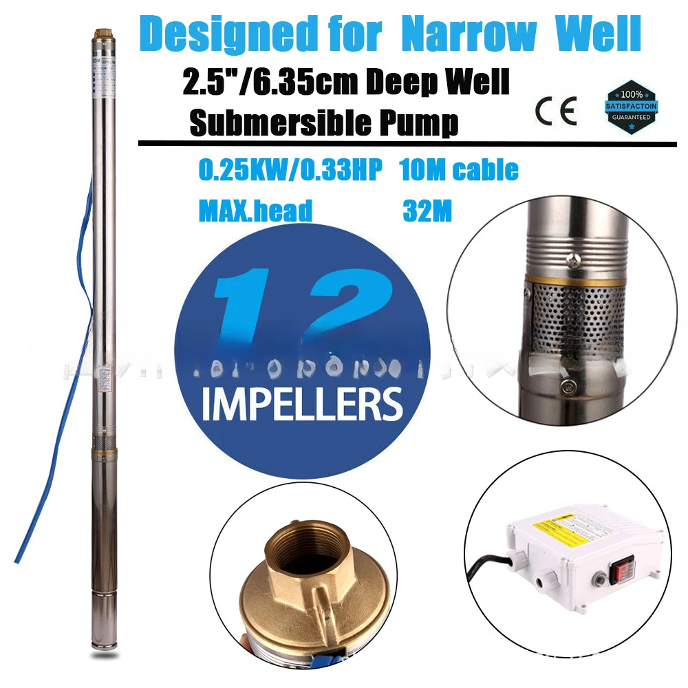 Stainless Steel Multi-Stage Submersible Pump 0.33 Hp65mm Deep Well Pump 1 "Port 2.5" Φ
Stainless Steel Multi-Stage Submersible Pump 0.33 Hp65mm Deep Well Pump 1 "Port 2.5" Φ
