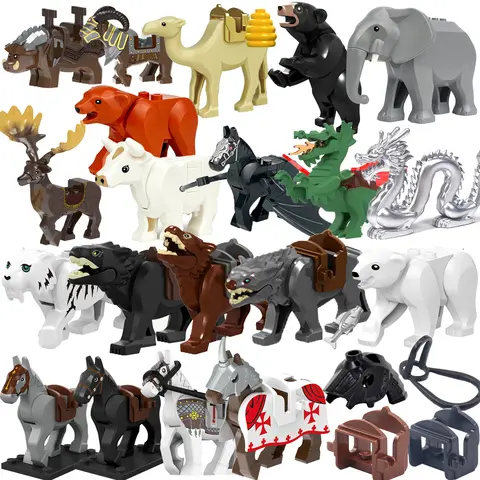Vente unique chevalier médiéval cheval de guerre loups tigre ours cerf Dragon Animal jouet décoratif Moc bloc de construction corde selles K039