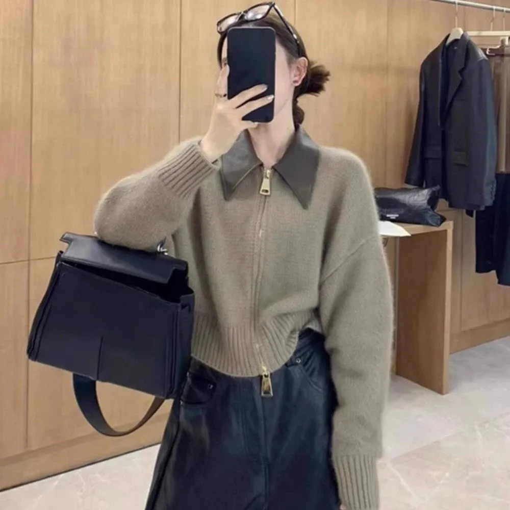 Leather Collar Zipper Front Sweater Cardigan Sewing Pattern Long Sleeved Flip Collar Sweater Korean Style Streetwear Crochet Top
Leather Collar Zipper Front Sweater Cardigan Sewing Pattern Long Sleeved Flip Collar Sweater Korean Style Streetwear Crochet Top