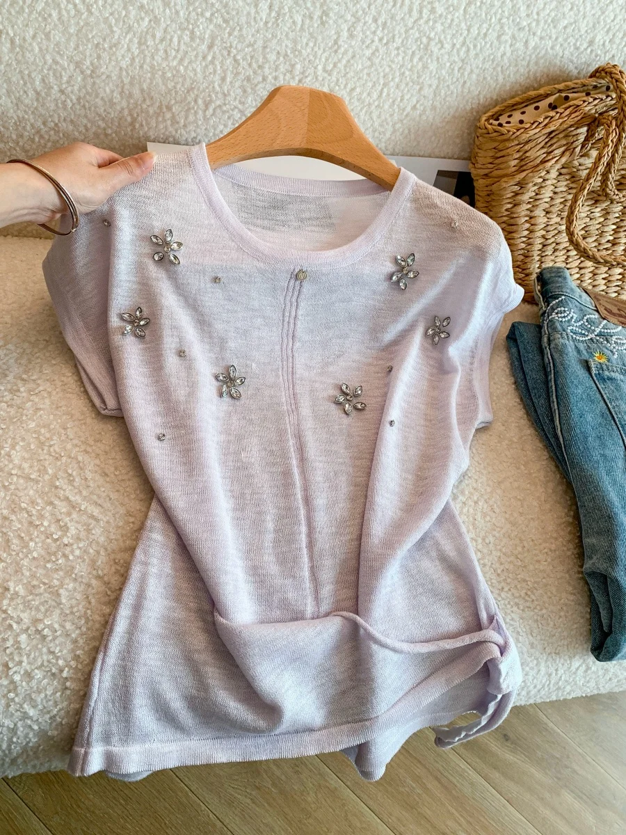 Sweet Style Heavy Embellished Diamond Knitted Short Sleeve T-Shirt Women's Summer New Thin Belted Slimming Versatile Top
Sweet Style Heavy Embellished Diamond Knitted Short Sleeve T-Shirt Women's Summer New Thin Belted Slimming Versatile Top