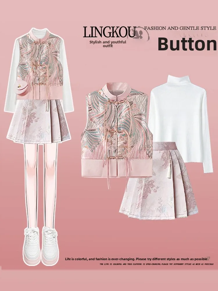 Spring Summer Large Size Chinese Style Women's Fashion Set with Buttoned Vest Base Shirt Pink Face Skirt Three Piece Set
Spring Summer Large Size Chinese Style Women's Fashion Set with Buttoned Vest Base Shirt Pink Face Skirt Three Piece Set