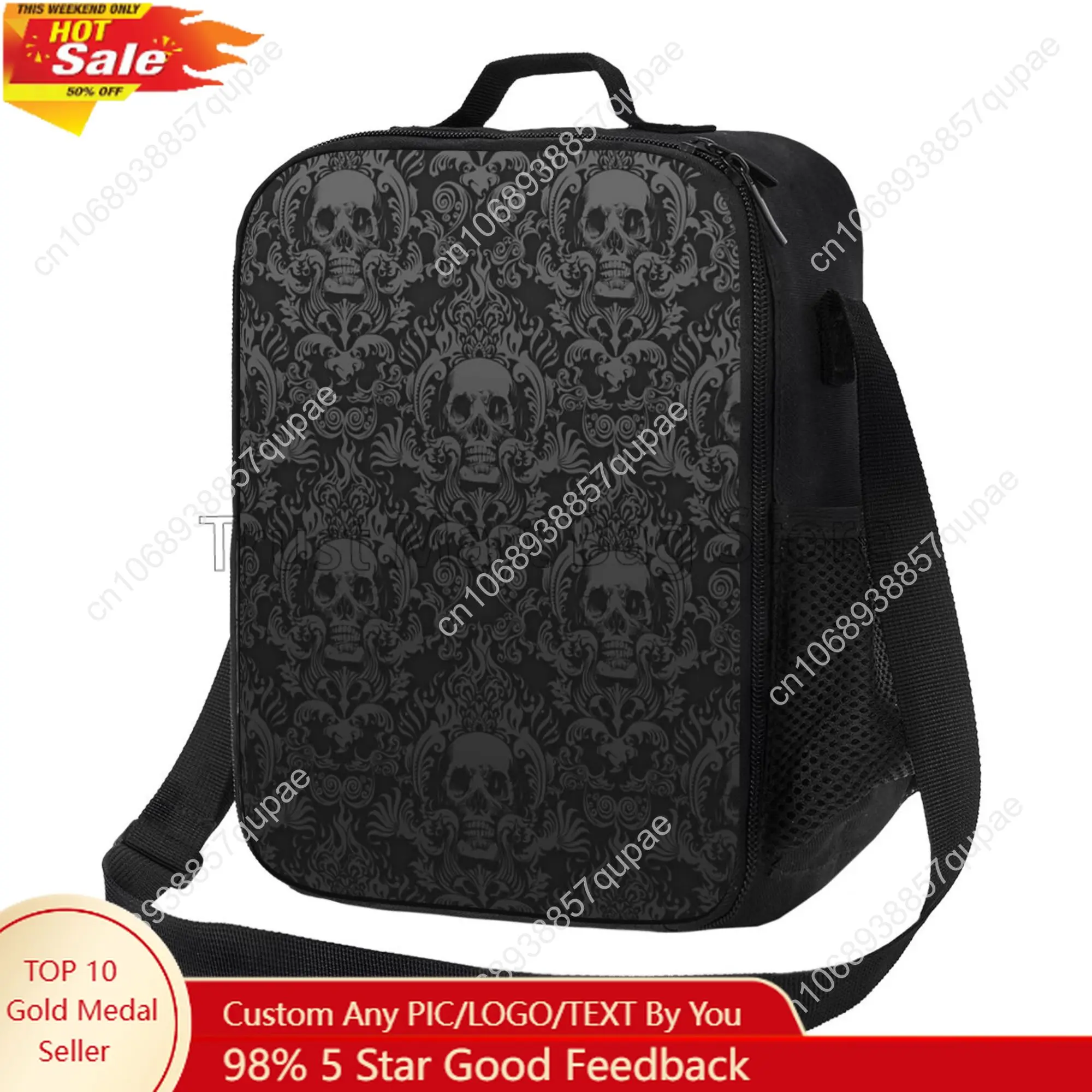 Black Gothic Skull Damask Pattern Insulated Lunch Bag Reusable Thermal Cooler Oxford Tote with Adjustable Strap for Work Picnic
Black Gothic Skull Damask Pattern Insulated Lunch Bag Reusable Thermal Cooler Oxford Tote with Adjustable Strap for Work Picnic