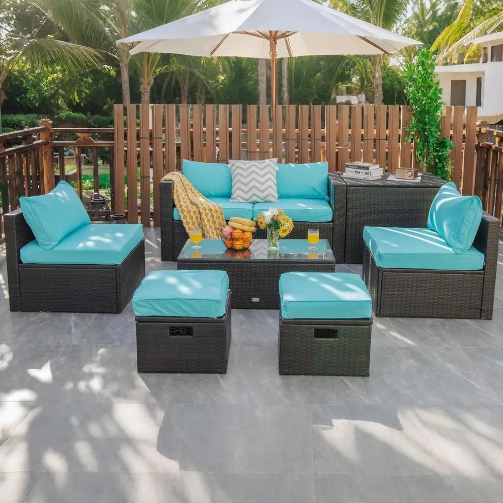 Turquoise 8-Piece Rattan Outdoor Patio Furniture Set with Sectional Sofa, Armchairs, Side Table, Storage Ottoman, and Glass Coff
Turquoise 8-Piece Rattan Outdoor Patio Furniture Set with Sectional Sofa, Armchairs, Side Table, Storage Ottoman, and Glass Coff