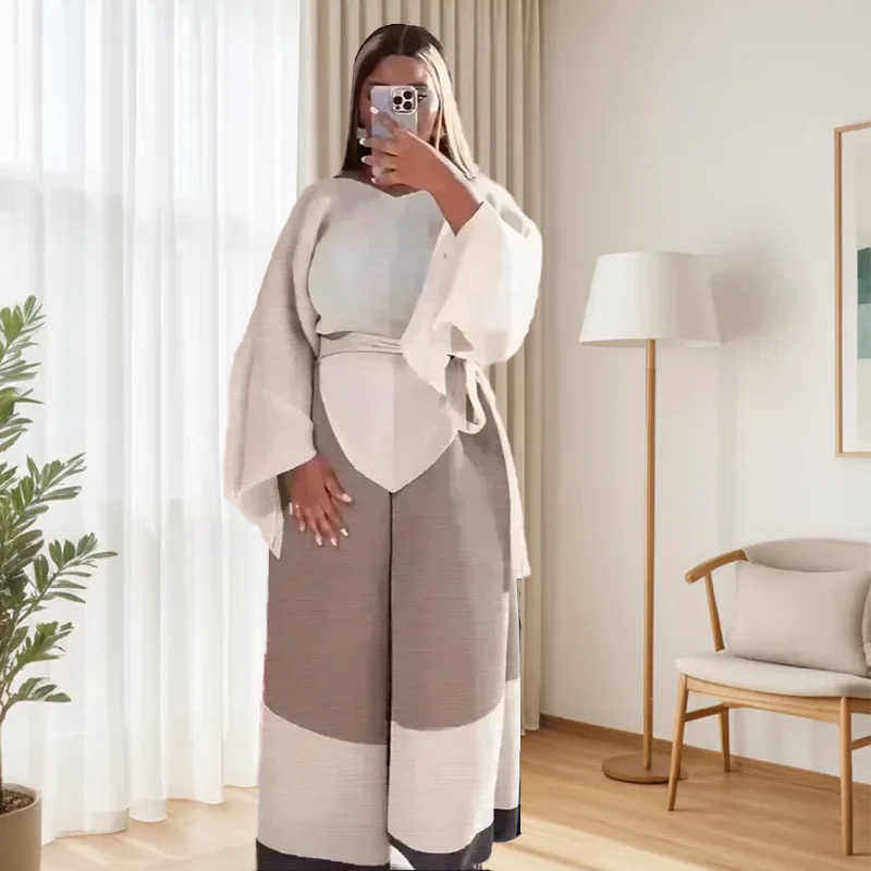 Miyake Pleated Women 2-piece Set Irregular Tie Top High Waist Loose Blocking Wide Leg Pants 2025 Spring Fall Female Suit
Miyake Pleated Women 2-piece Set Irregular Tie Top High Waist Loose Blocking Wide Leg Pants 2025 Spring Fall Female Suit
