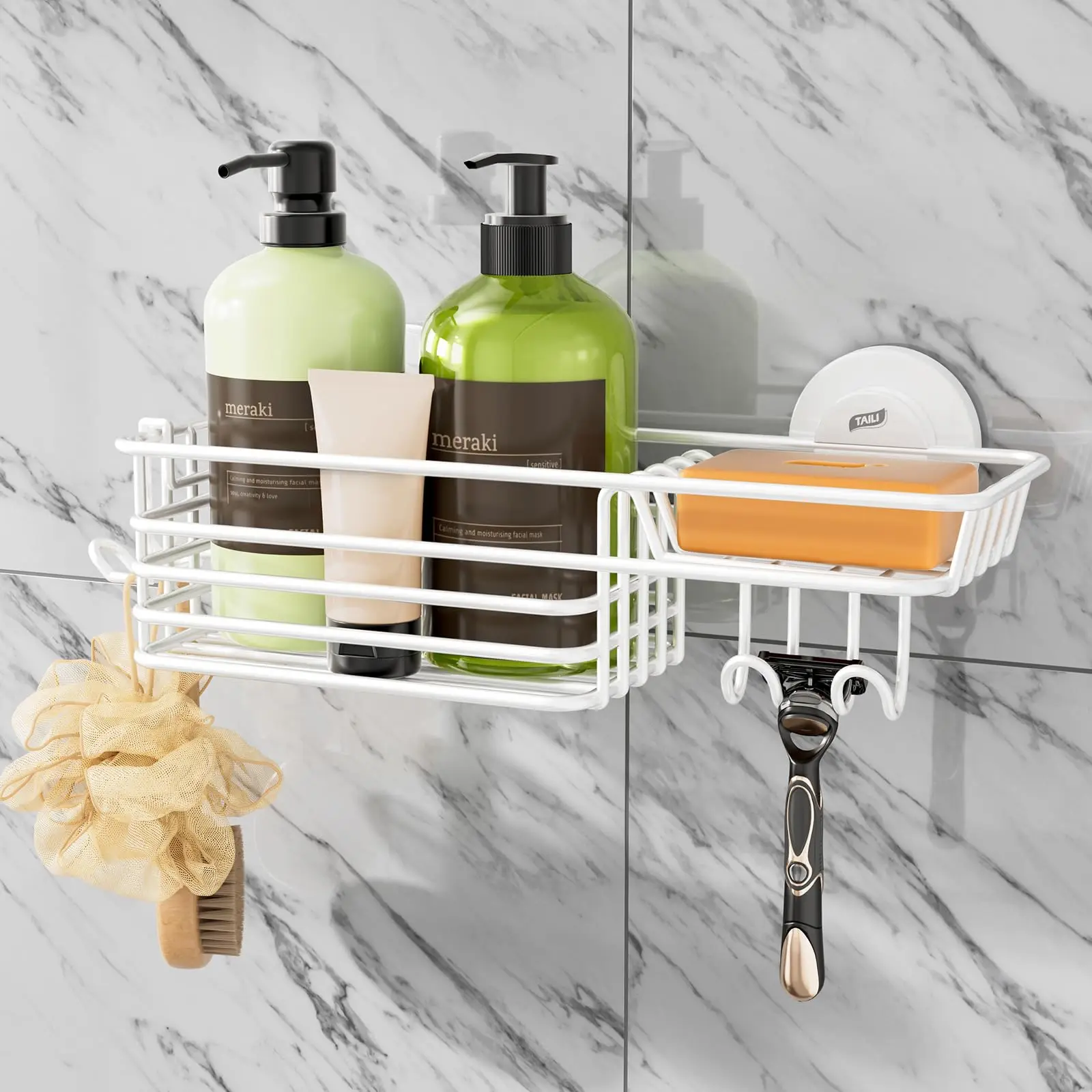 White Suction Cup Shower Organizer With 3-Tier Rack, Hooks, Soap Dish And Razor Holder, Rust-Resistant Bathroom Storage
White Suction Cup Shower Organizer With 3-Tier Rack, Hooks, Soap Dish And Razor Holder, Rust-Resistant Bathroom Storage
