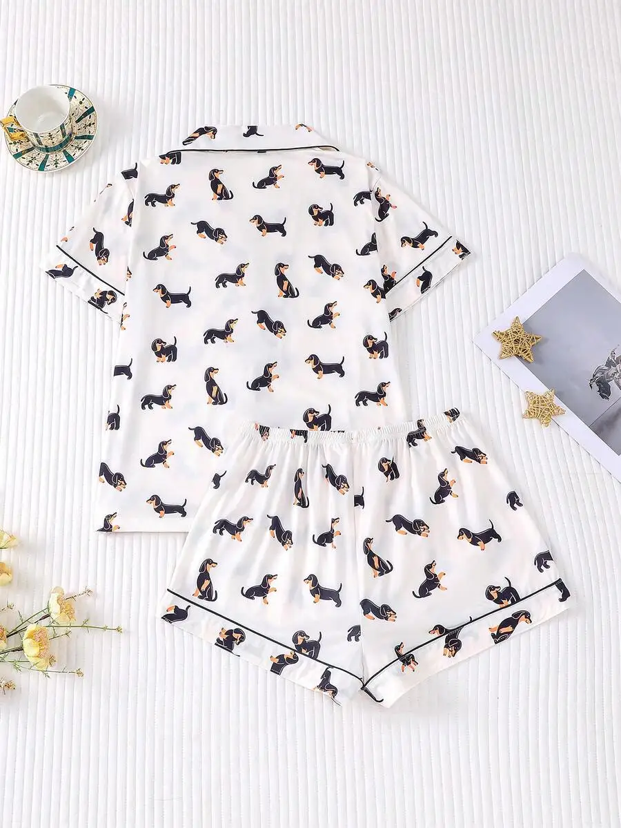 Women Sausage Dog Print Short Sleeve Collared Pajama Set With Pocket
Women Sausage Dog Print Short Sleeve Collared Pajama Set With Pocket